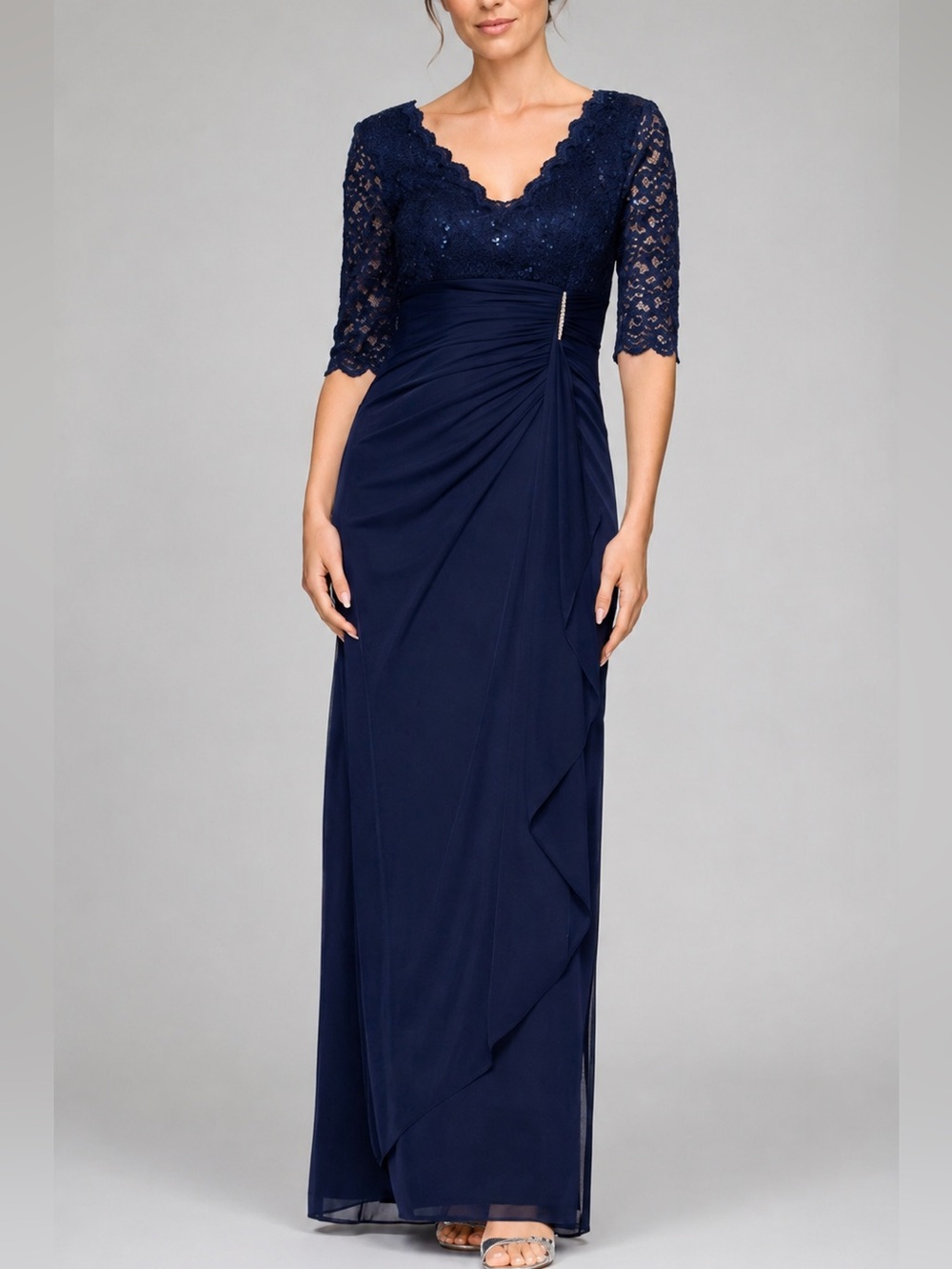 🆕🫐Betsy & Adam Navy Blue Lace Sequin Gown V-Neck Ruched Maxi Dress Size 14 Party